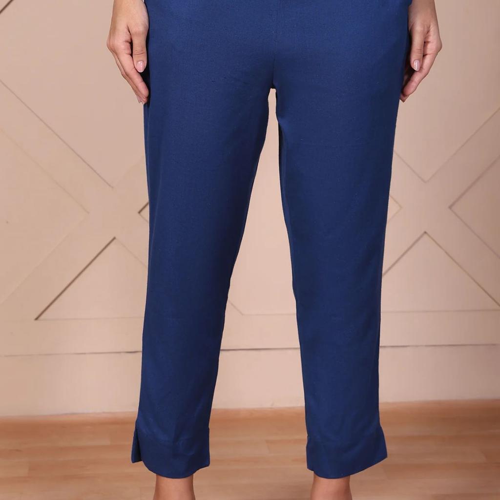 Elleven Women's Blue Solid Cotton Flax Mid Rise Ankle Length Slim Fit Trouser
