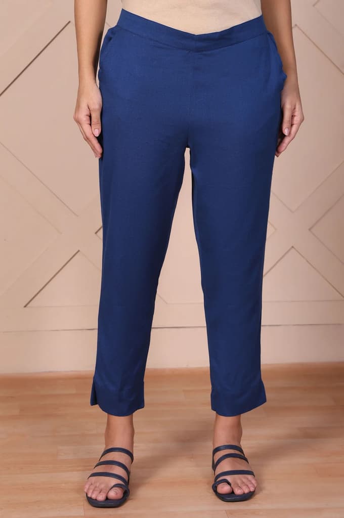 Elleven Women's Blue Solid Cotton Flax Mid Rise Ankle Length Slim Fit Trouser