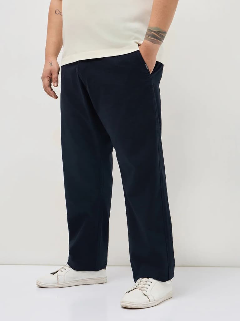 Plus Men's Navy Straight Fit Mid Rise Cotton Casual Chinos Trousers Stretch — photo 2