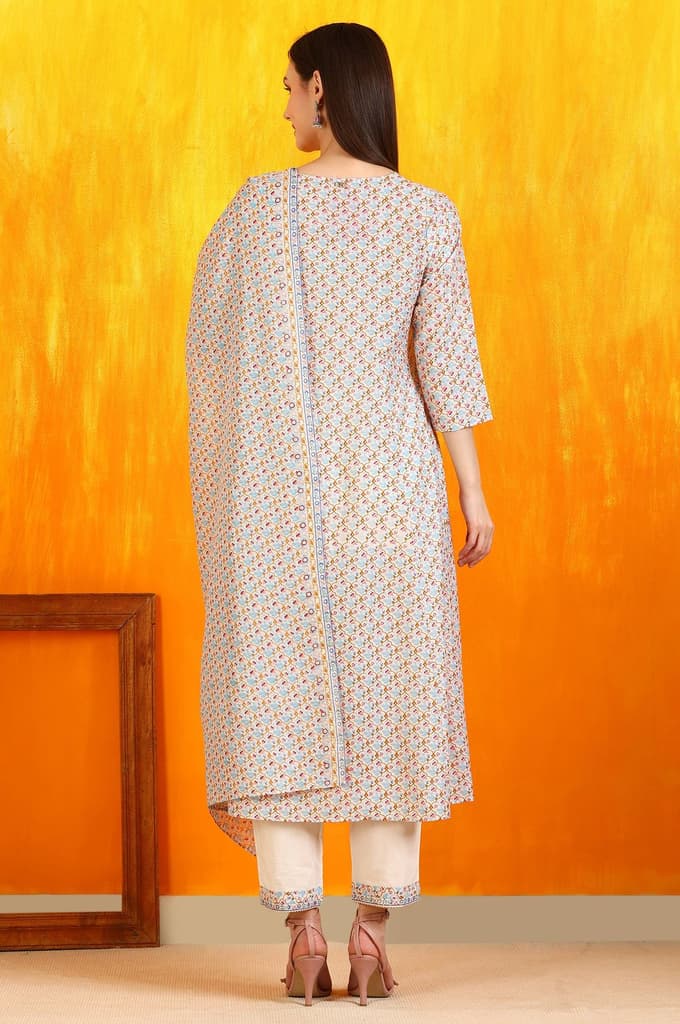 Off-White Floral Printed Pure Cotton Flared Kurta, Pants and Dupatta Set — photo 6