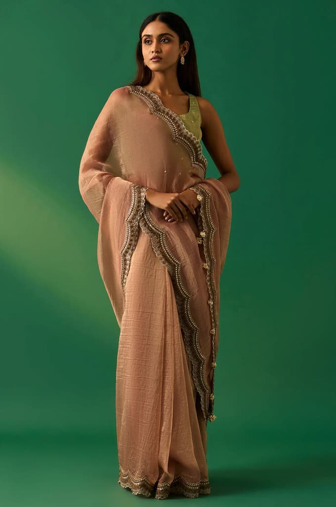 Pink Solid Zari Work Tissue Saree with Unstitched Blouse — FS