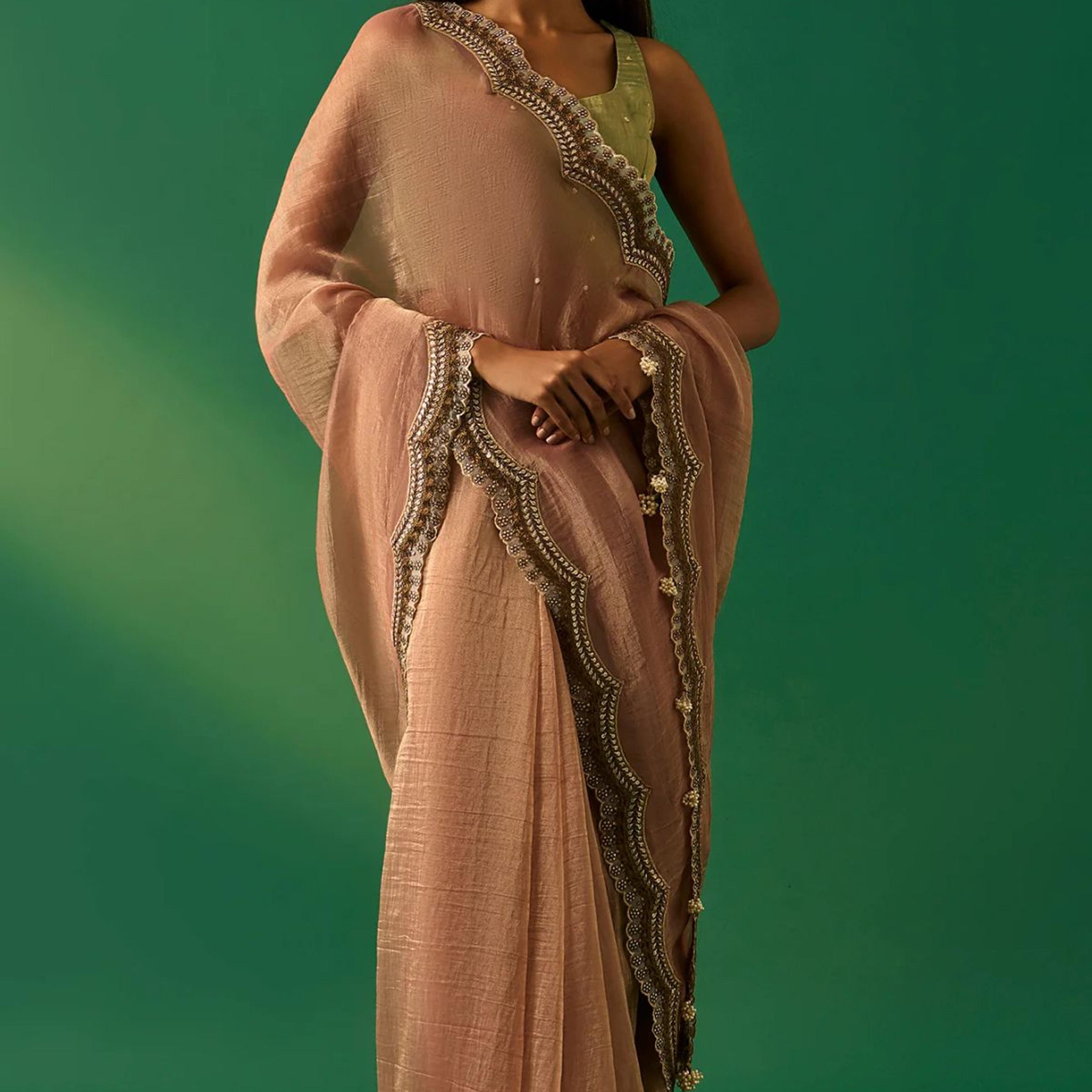 Pink Solid Zari Work Tissue Saree with Unstitched Blouse