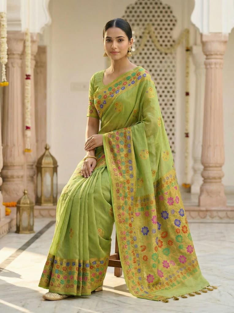 MIMOSA Women's Woven Design Paithani Style Raw Silk Saree with Blouse Piece - Olive ( SA00003127OLFREE ) — photo 4