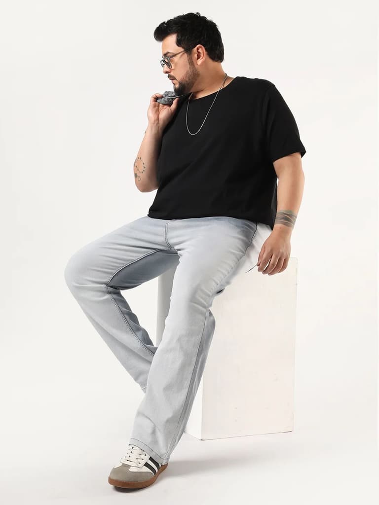 Plus Men's Light Grey Straight Fit Heavy Washed Faded Denim Jeans Stretchable — photo 5