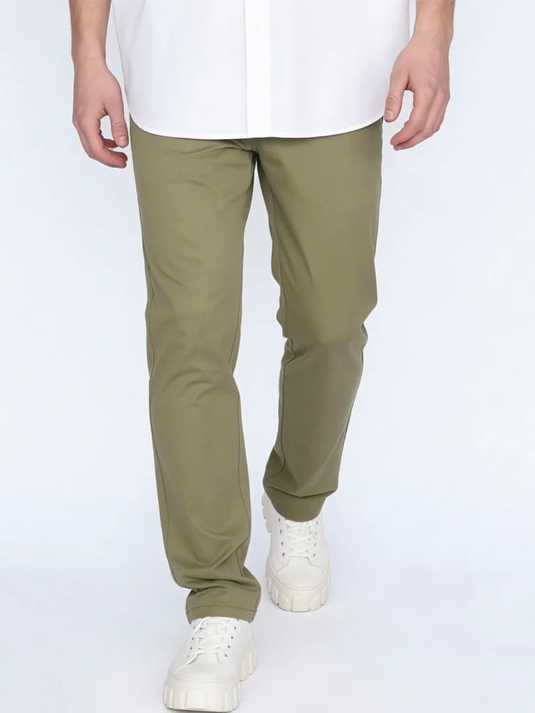 Men's Light Olive Straight Fit Mid Rise Cotton Casual Chinos Trousers Stretch — 28 / Light Olive
