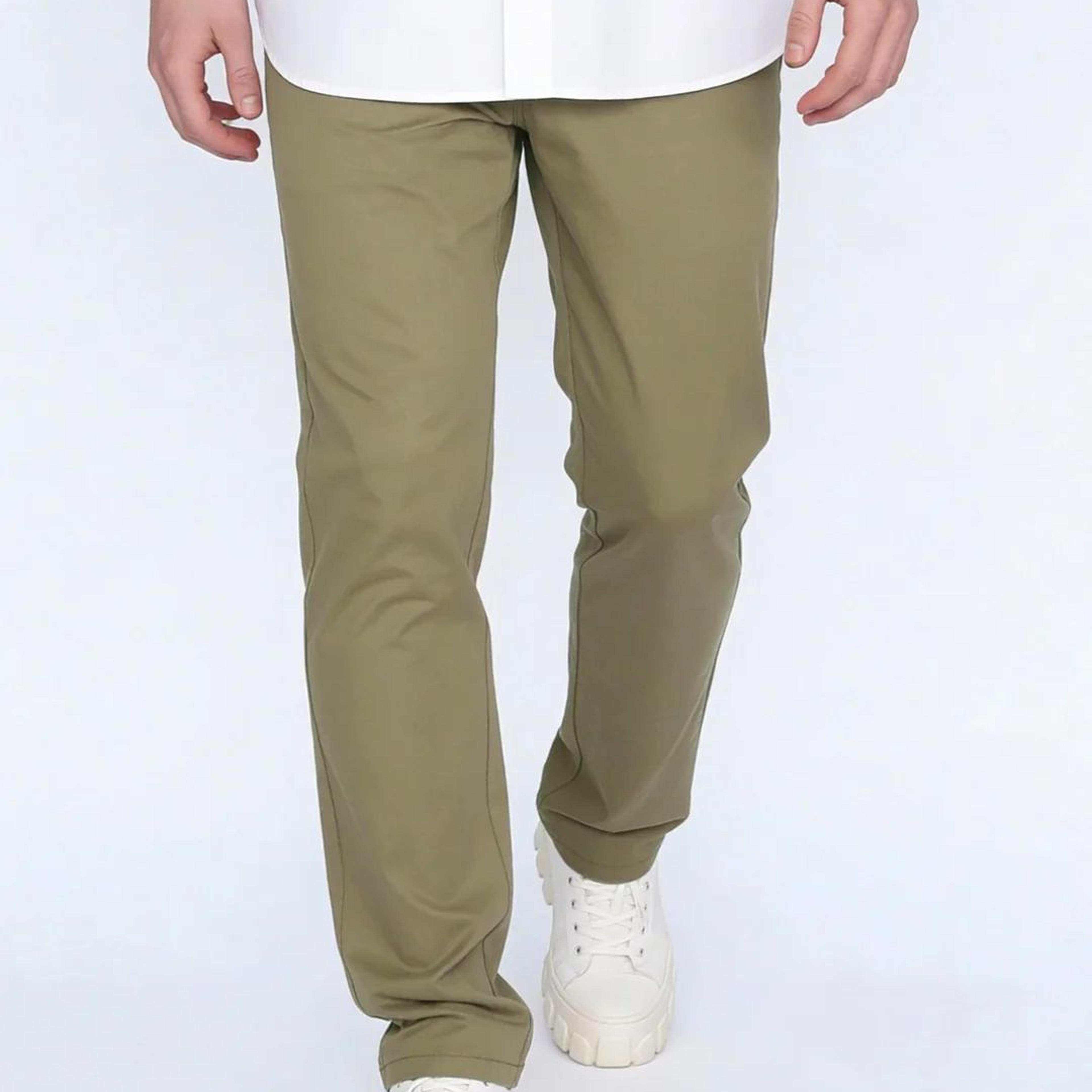 Men's Light Olive Straight Fit Mid Rise Cotton Casual Chinos Trousers Stretch