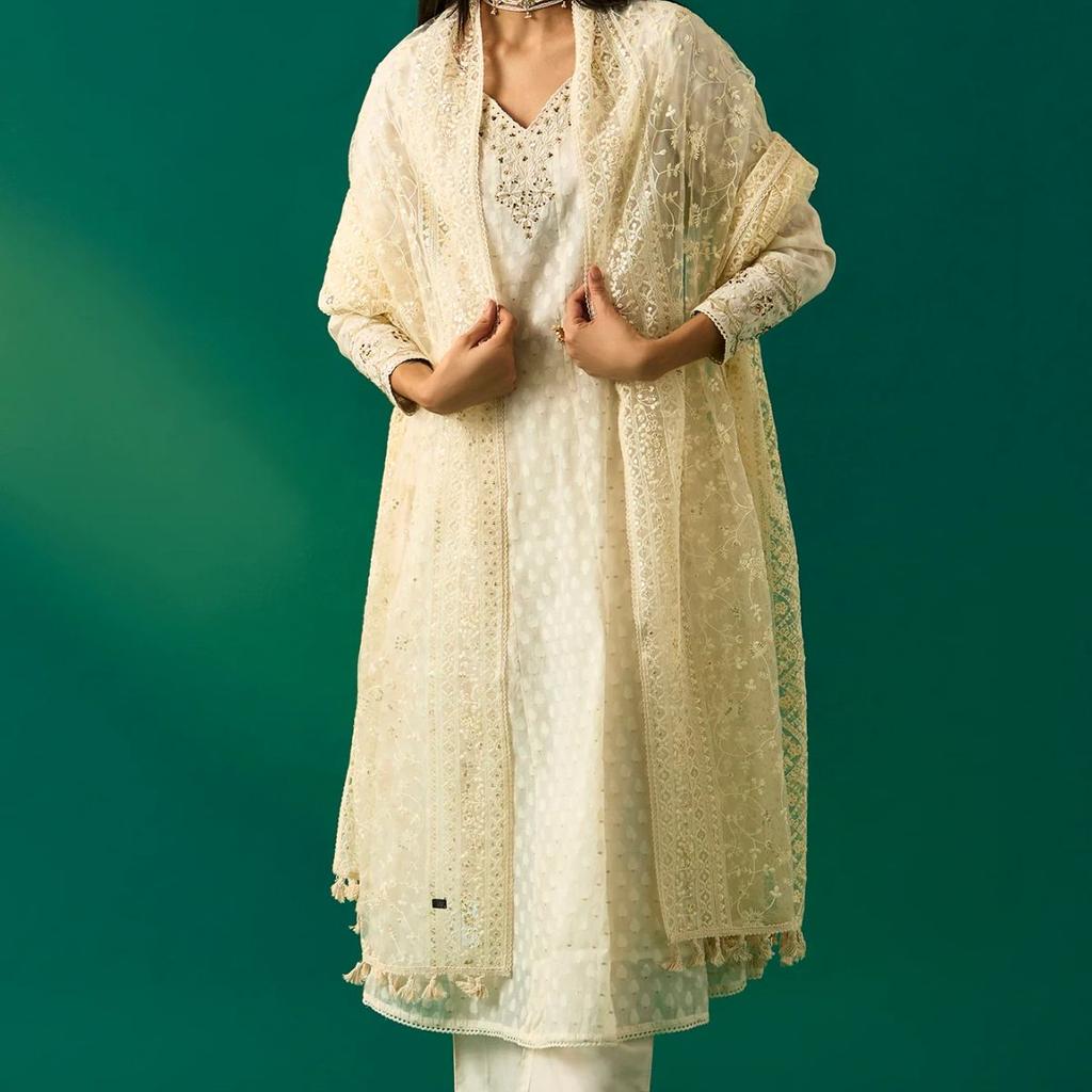 Off-White Embroidered Anarkali Cotton Kurta with Straight Pants and Dupatta Set