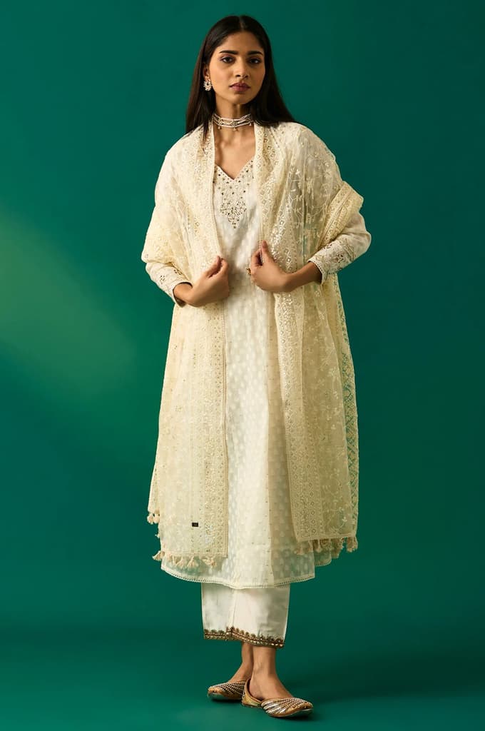 Off-White Embroidered Anarkali Cotton Kurta with Straight Pants and Dupatta Set
