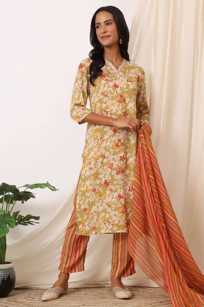 Beige Floral Printed Pure Cotton Straight Kurta, Pants and Dupatta Set — photo 2