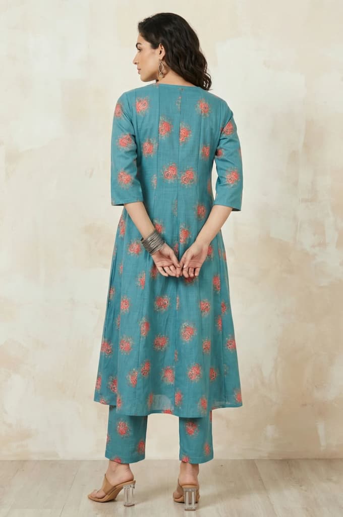 Teal Floral Printed Cotton Flax Flared Kurta — photo 5