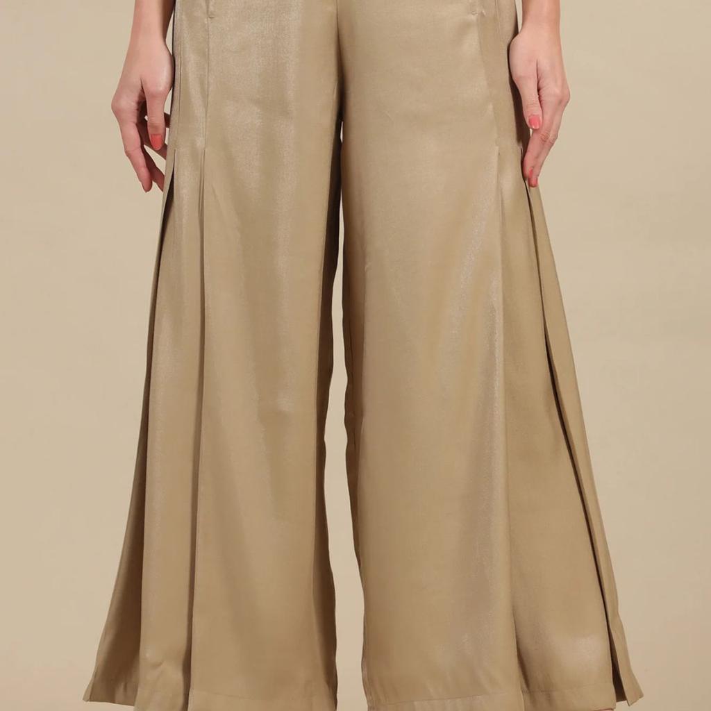 Gold Solid Flared Rayon Palazzo With Pleated Detail