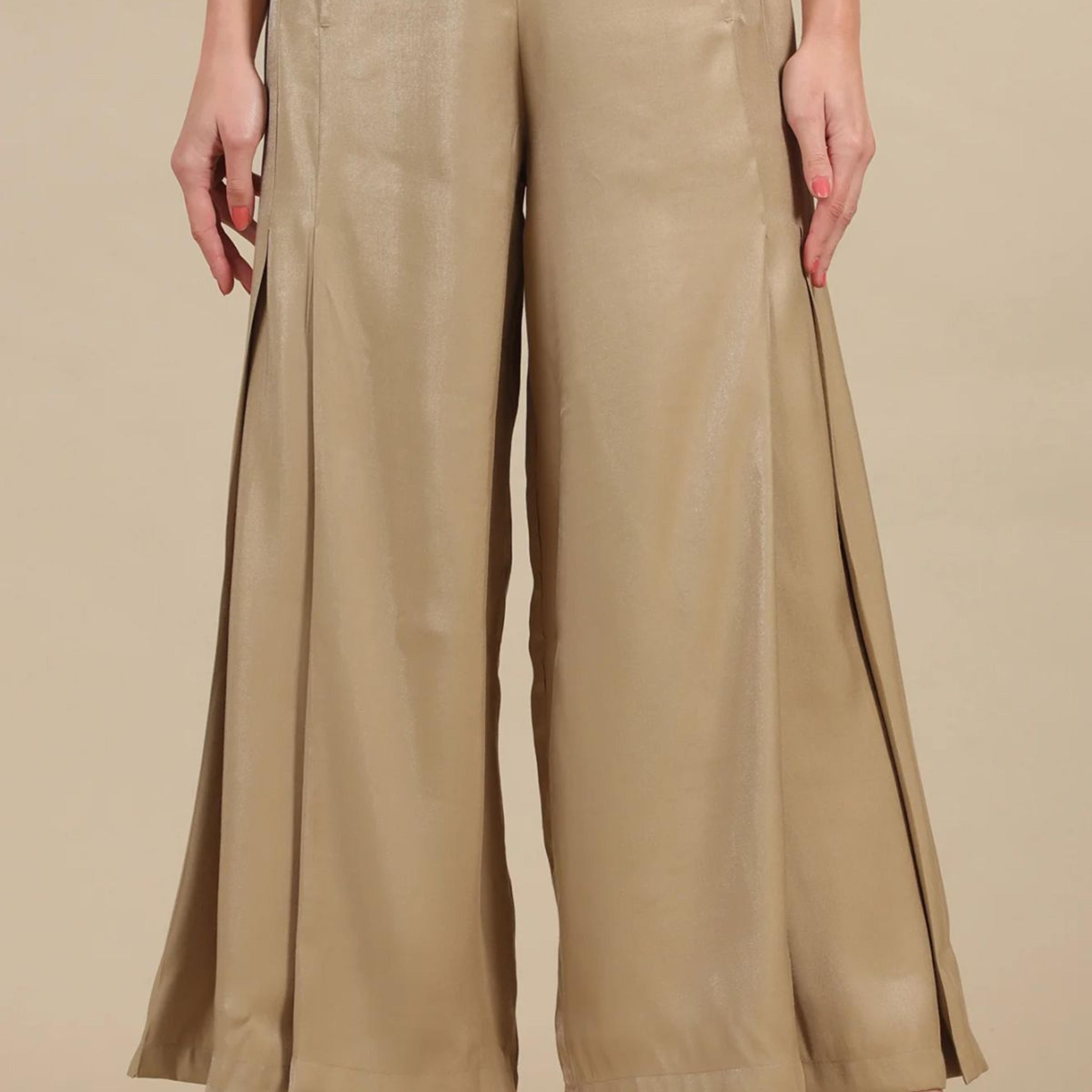 Gold Solid Flared Rayon Palazzo With Pleated Detail
