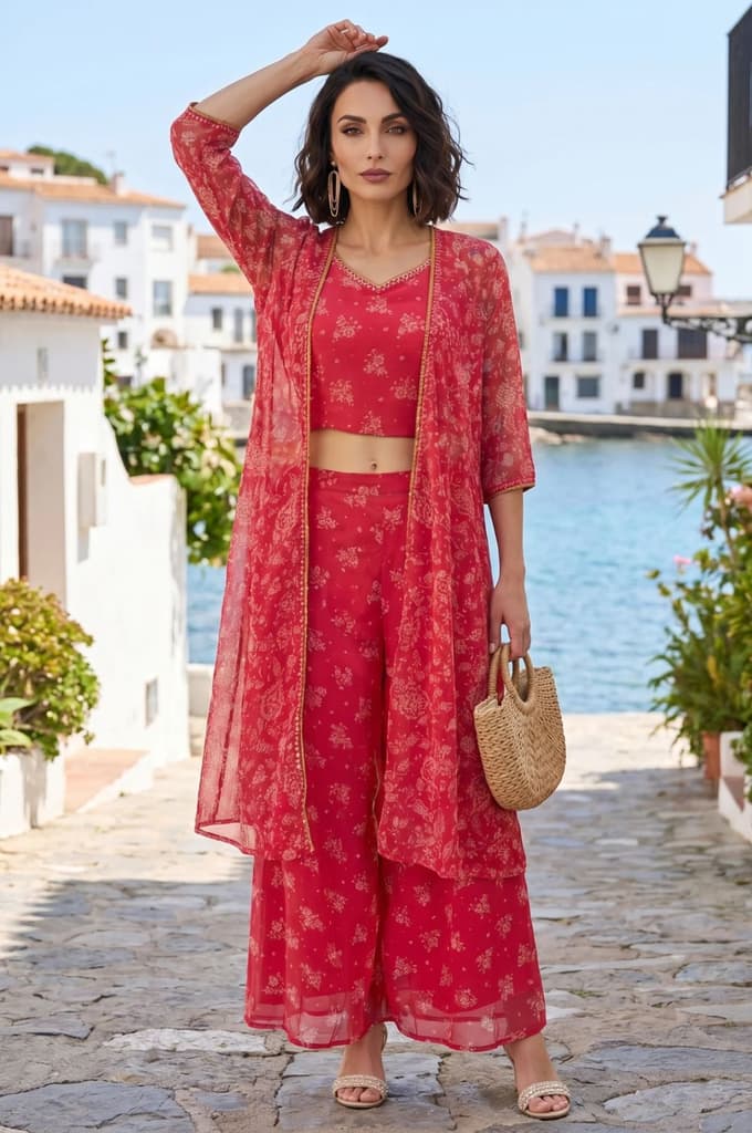 Pink Bandhani Printed Chiffon Gillet, Spaghetti Crop Top and Flared Culottes Set — XS