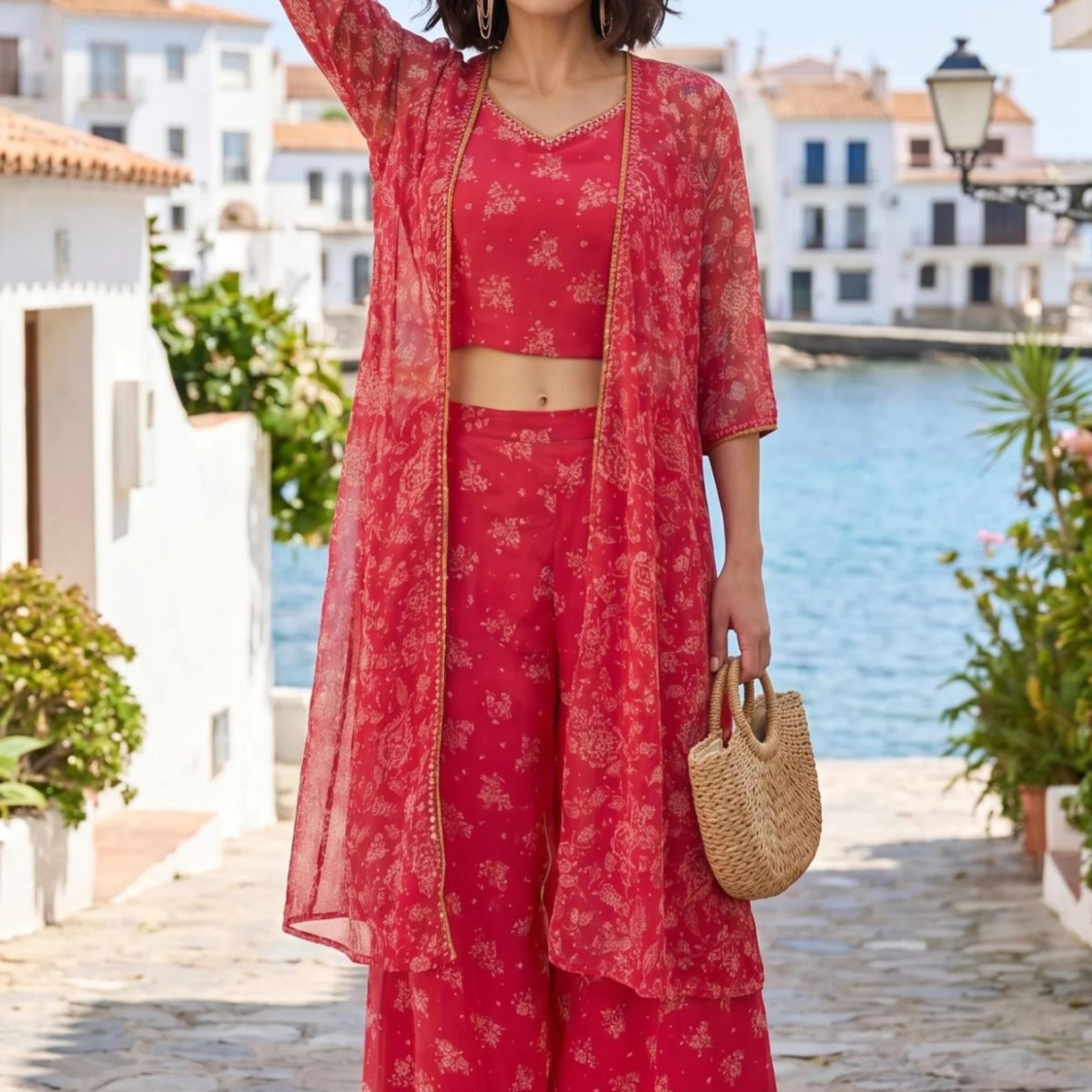 Pink Bandhani Printed Chiffon Gillet, Spaghetti Crop Top and Flared Culottes Set