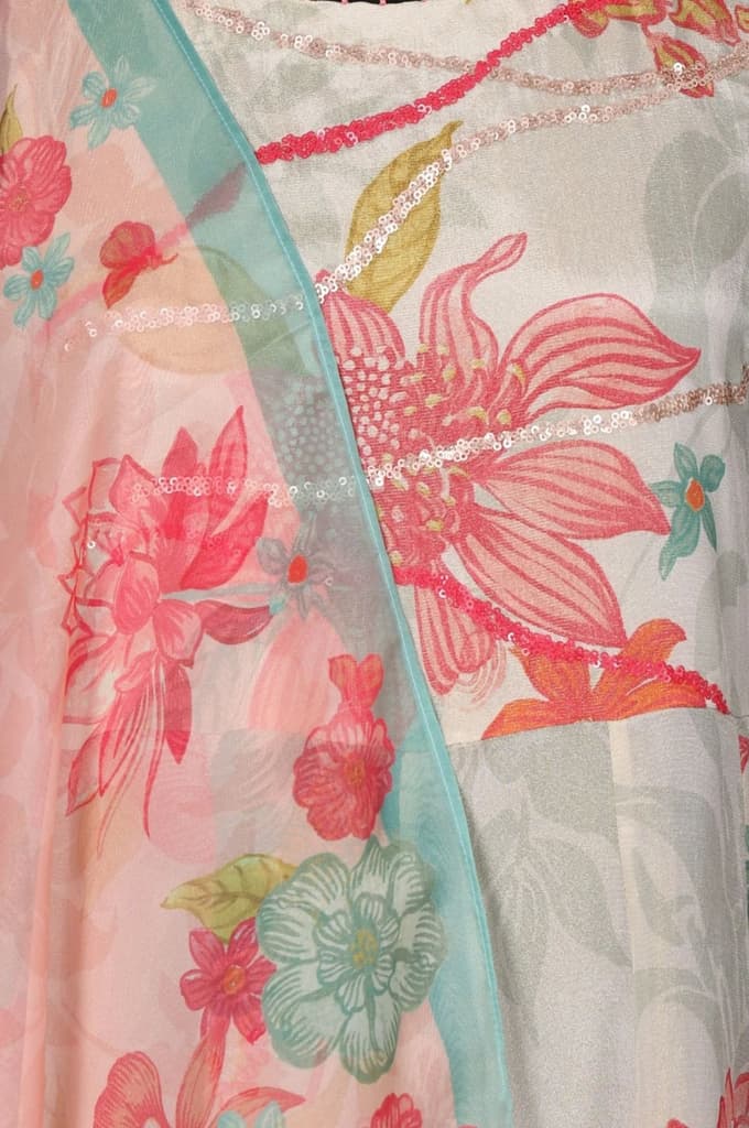Cream Floral Printed Tissue Crepe Sleeveless Anarkali Kurta with Straight Pants and Dupatta Set — photo 2