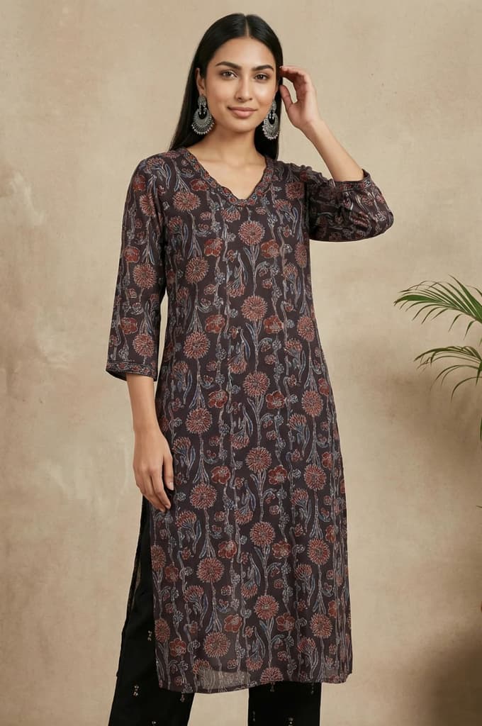 Brown Block Printed Sequins Satin Straight Kurta — photo 3