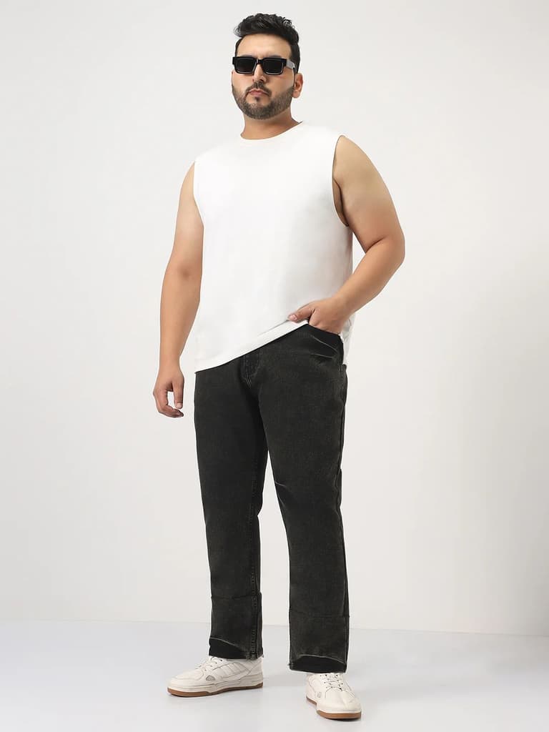 Plus Men's Black Straight Fit Heavy Washed Jeans Stretchable — photo 4