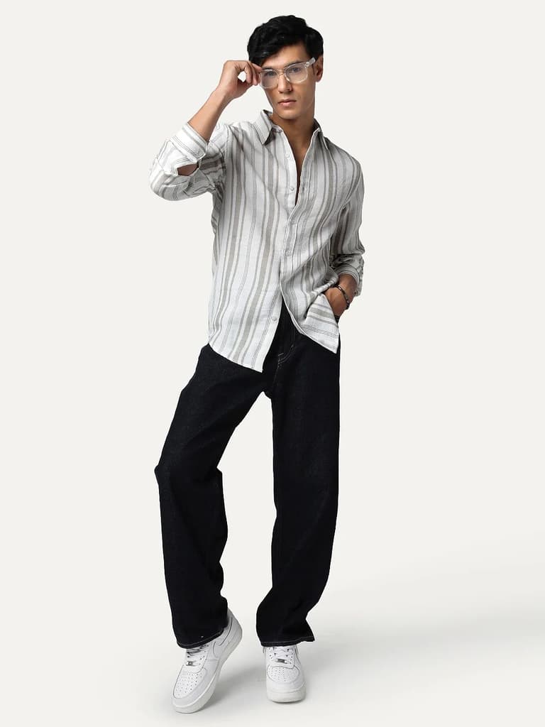 Men's Light Grey Cotton Full Sleeve Relaxed Fit Linen Striped Shirt with Spread Collar — photo 5