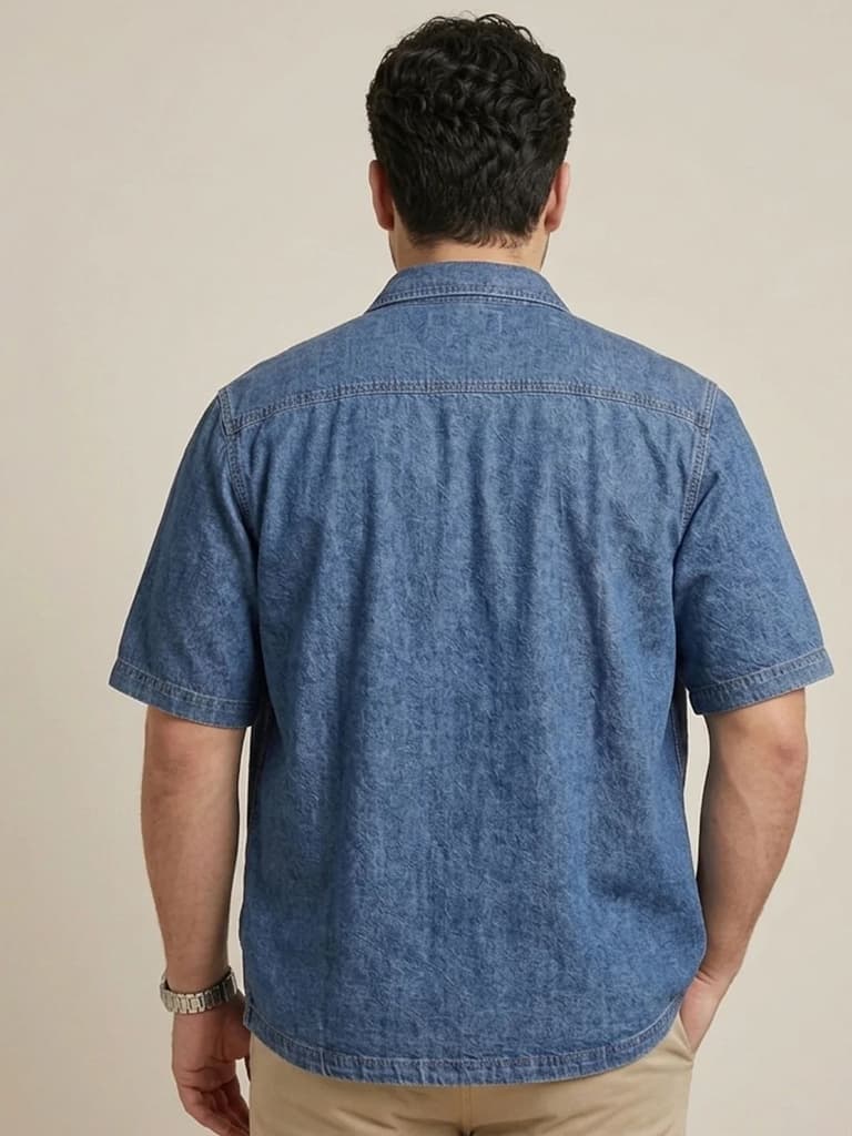 Plus Men's Blue Oversized Fit Half Sleeve Solid Casual Denim Shirt — photo 3
