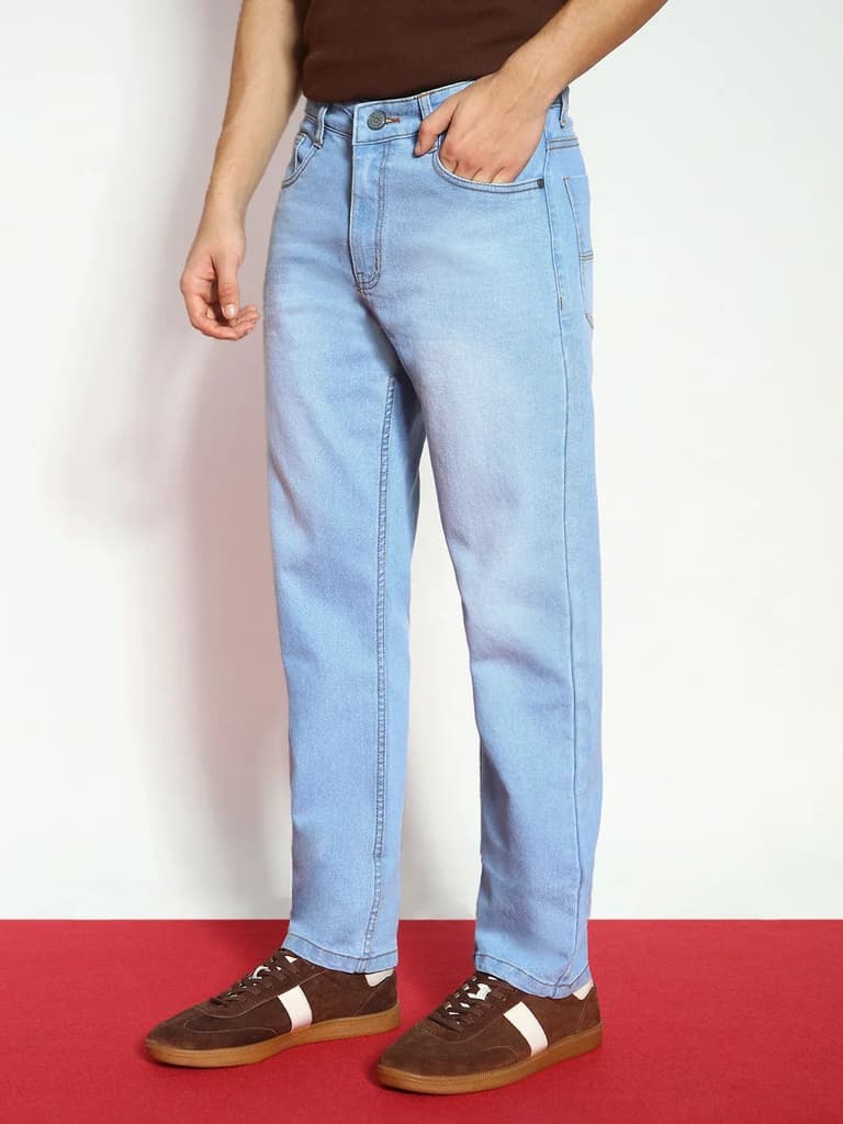 Men's Ice Blue Straight Fit Washed Jeans Stretchable — photo 2