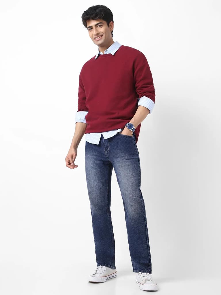 Men's Dark Blue Straight Fit Washed Jeans Stretchable — photo 4