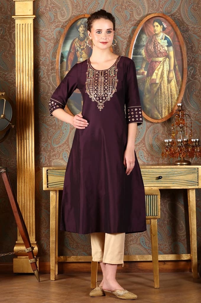 Wine Embroidered A-Line Silk Blend Kurta with Straight Pant and Dupatta Set — photo 2
