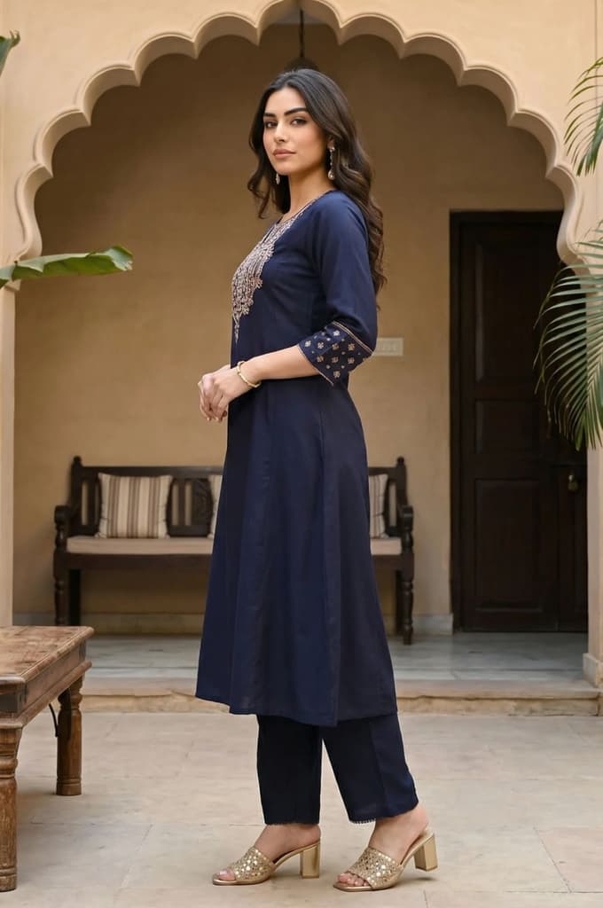Navy Blue Embroidered Straight Kurta — photo 4