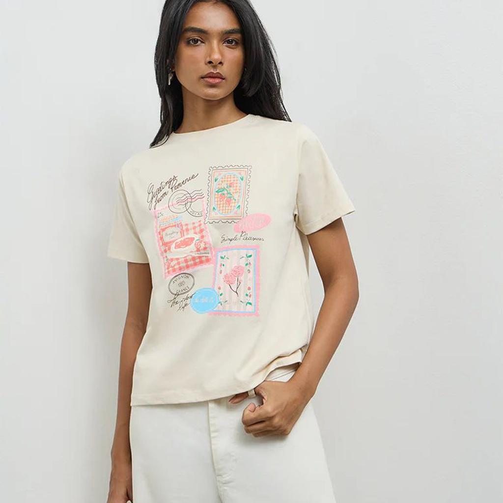 LOV Light Beige Printed Cotton T-Shirt