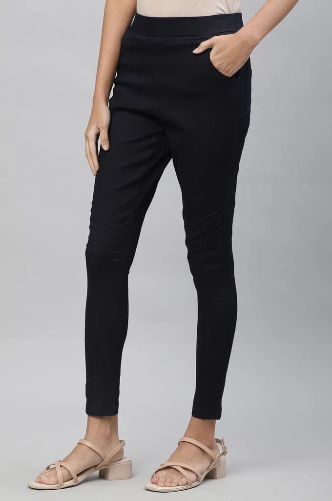 Navy Blue Solid Slim Fit Denim Jeggings With Pintuck Detail — photo 2