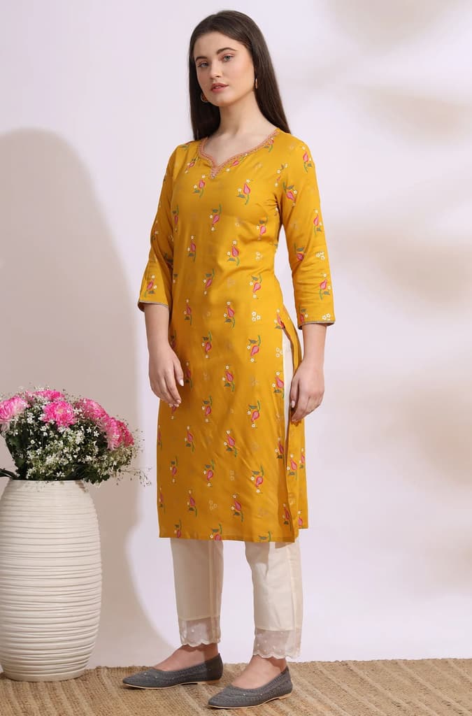 Deep Yellow Floral Printed Rayon Straight Kurta with Embroidered Neck — photo 5
