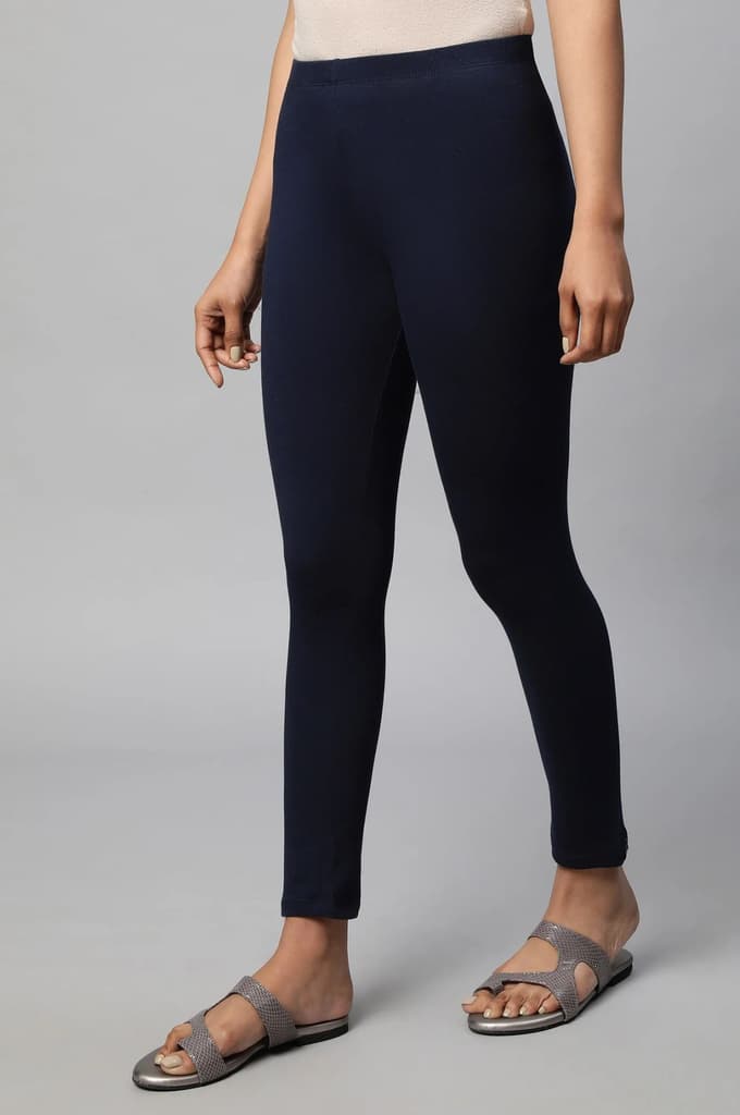 Navy Blue Solid Skinny Fit Cotton Tights With Slip On Closure — photo 3