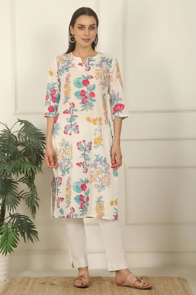 White Floral Printed Textured Cotton Straight Summer Kurta — photo 3