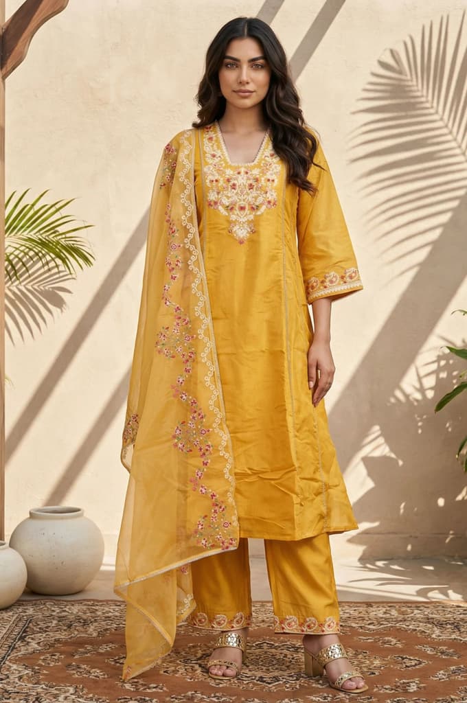 Yellow Floral Embroidered Straight Kurta with Pants and Dupatta Set — photo 2
