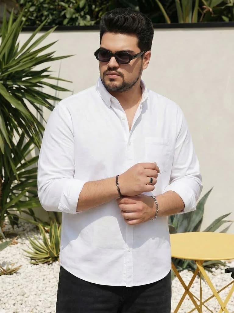 Plus Men's White Cotton Full Sleeve Regular Fit Solid Oxford Shirt With Button-Down Collar — 2XL / White