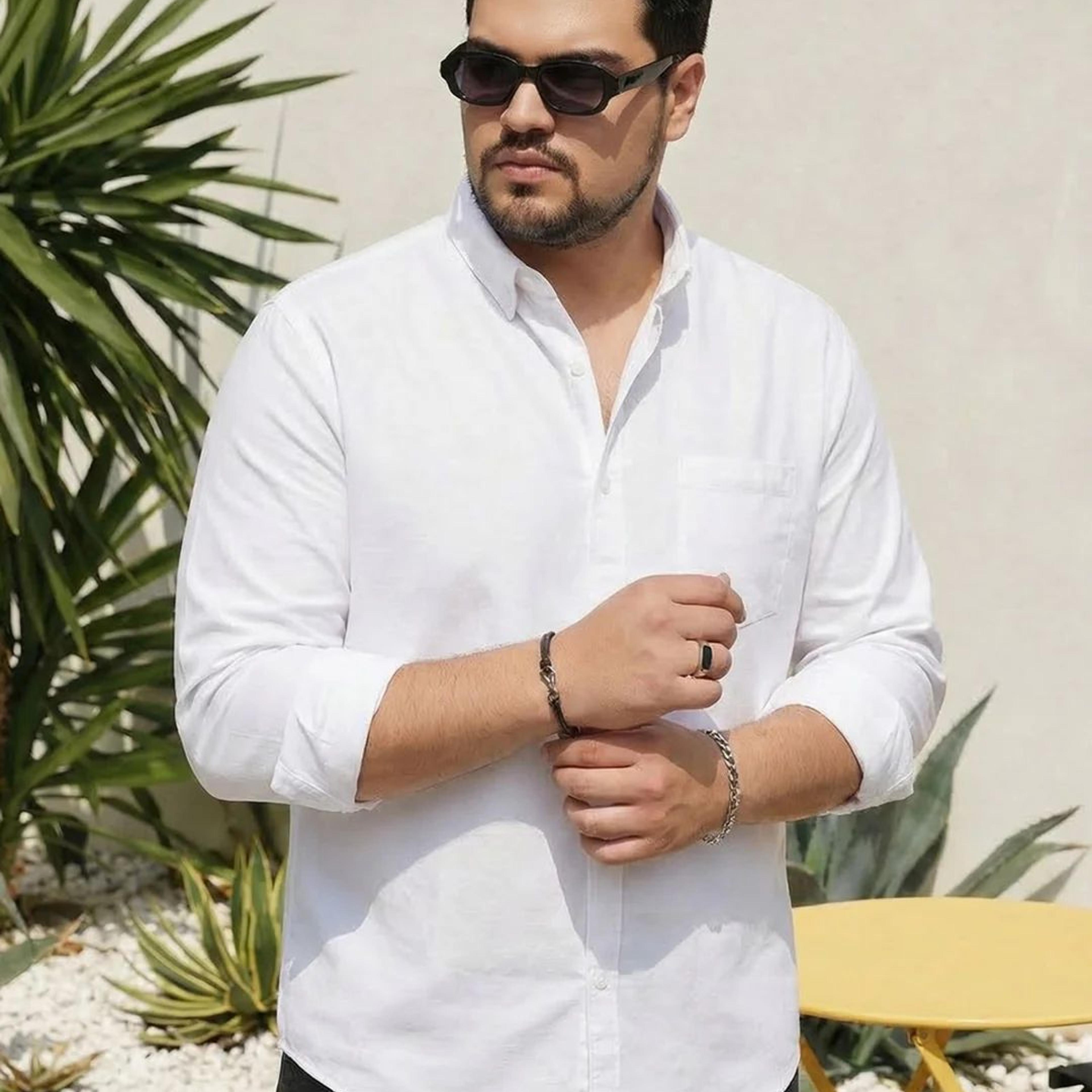 Plus Men's White Cotton Full Sleeve Regular Fit Solid Oxford Shirt With Button-Down Collar