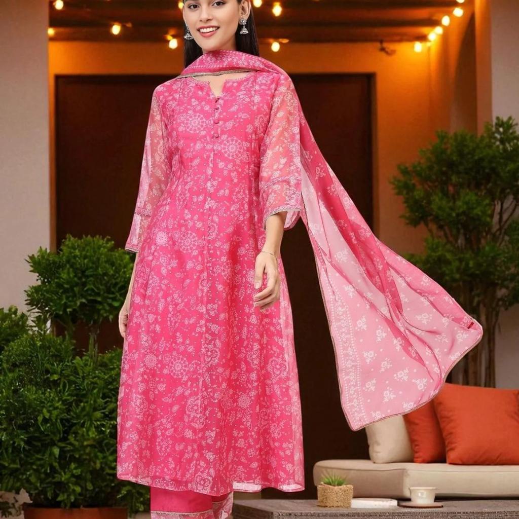 Pink Printed Organza A-line Kurta, Pants and Dupatta Set