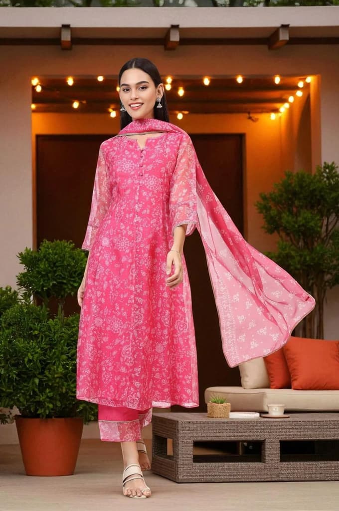Pink Printed Organza A-line Kurta, Pants and Dupatta Set — XS