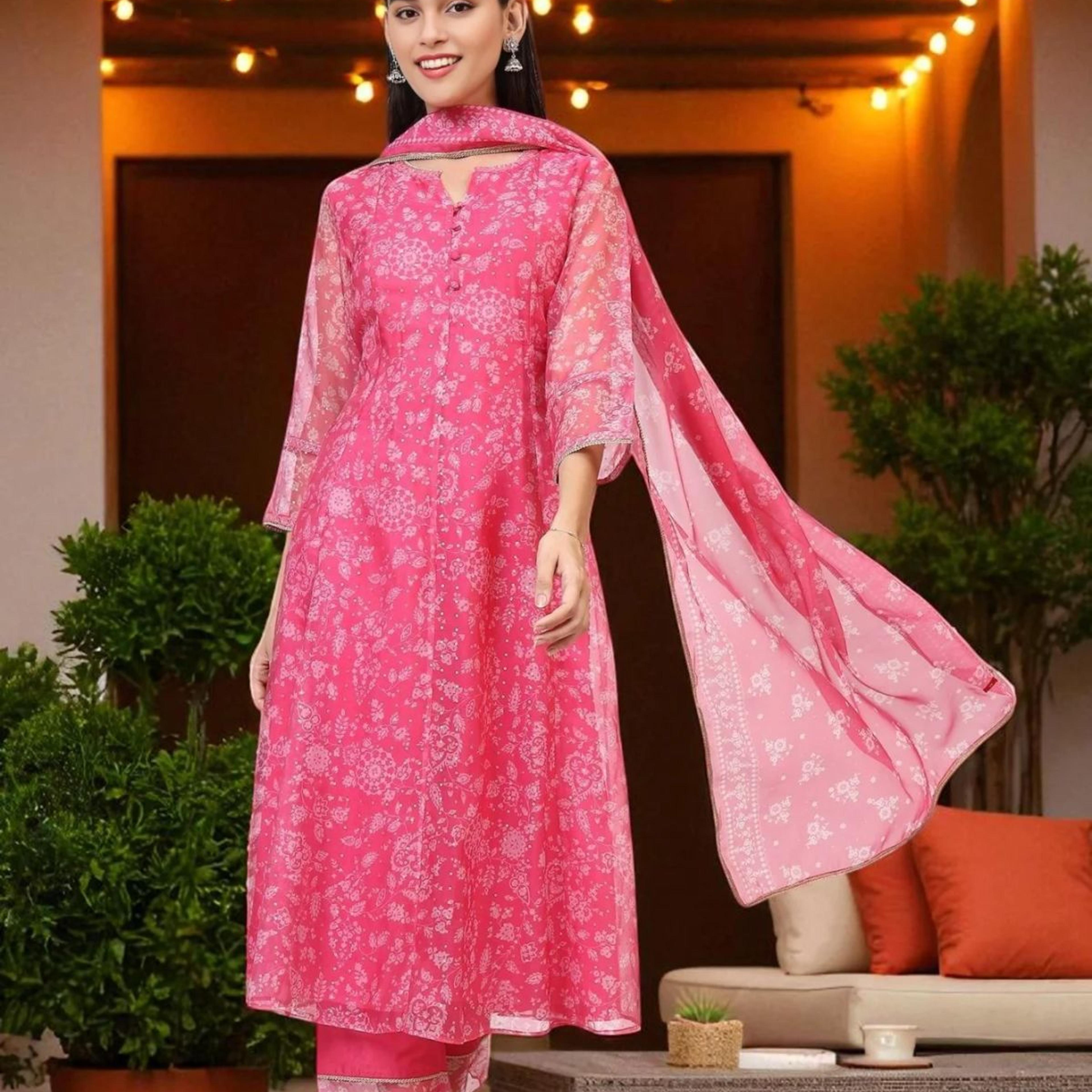 Pink Printed Organza A-line Kurta, Pants and Dupatta Set