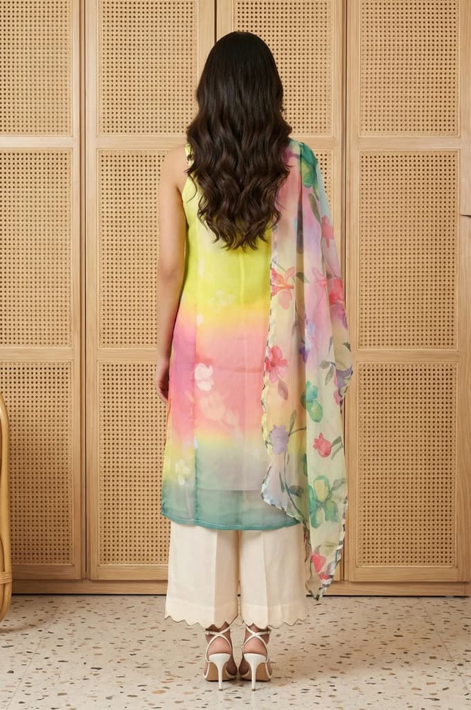 Multicolor Floral Printed Straight Kurta with Flared Pants and Dupatta Set — photo 4