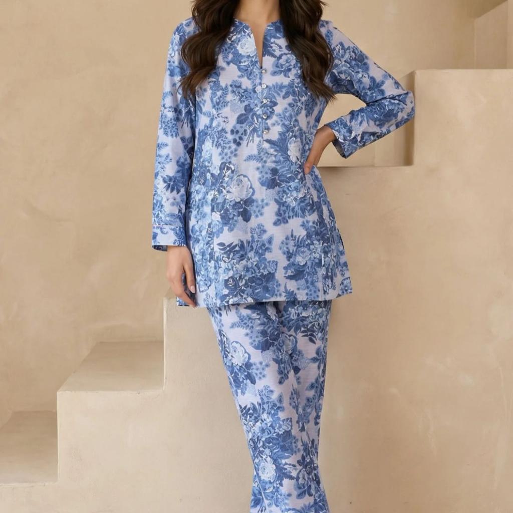Blue Floral Printed Pure Cotton Straight Tunic with Pants Co-ord Set