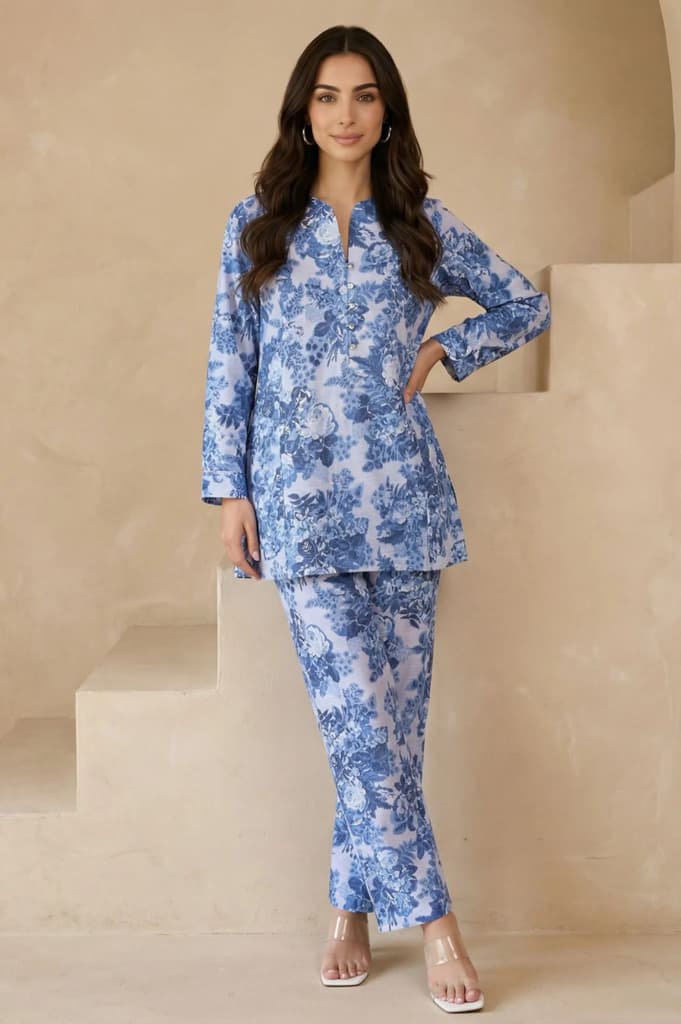 Blue Floral Printed Pure Cotton Straight Tunic with Pants Co-ord Set — XS