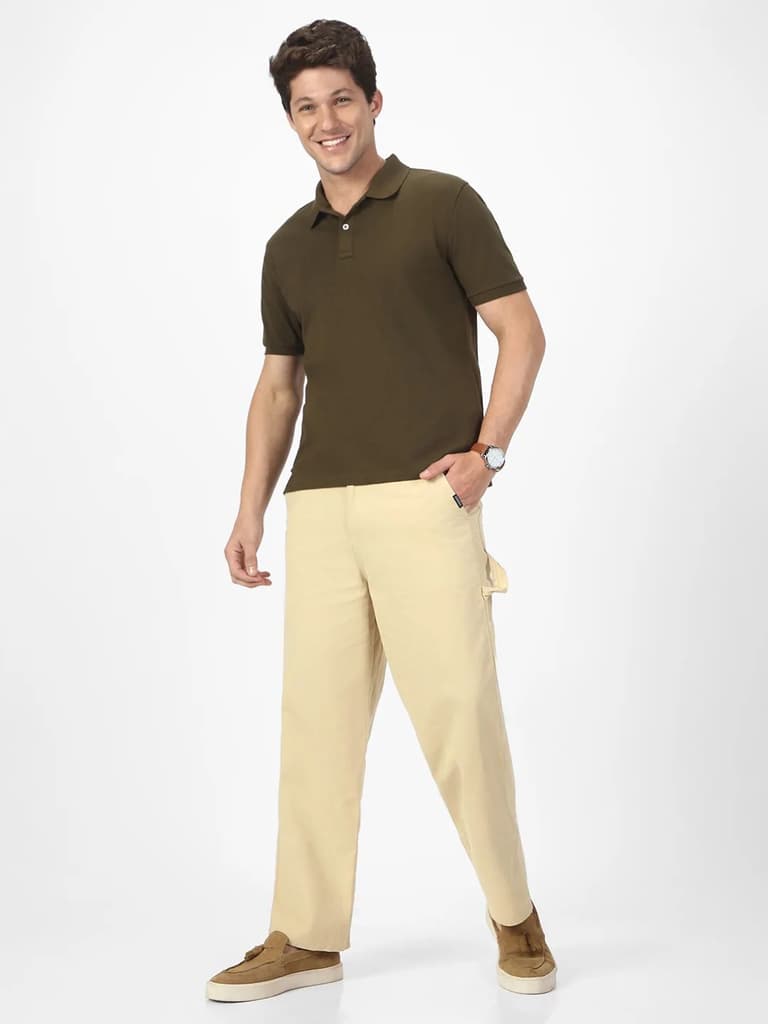 Men's Beige Loose Baggy Fit Solid Carpenter Trouser Pant with 5 Pockets Non-Stretchable — photo 4
