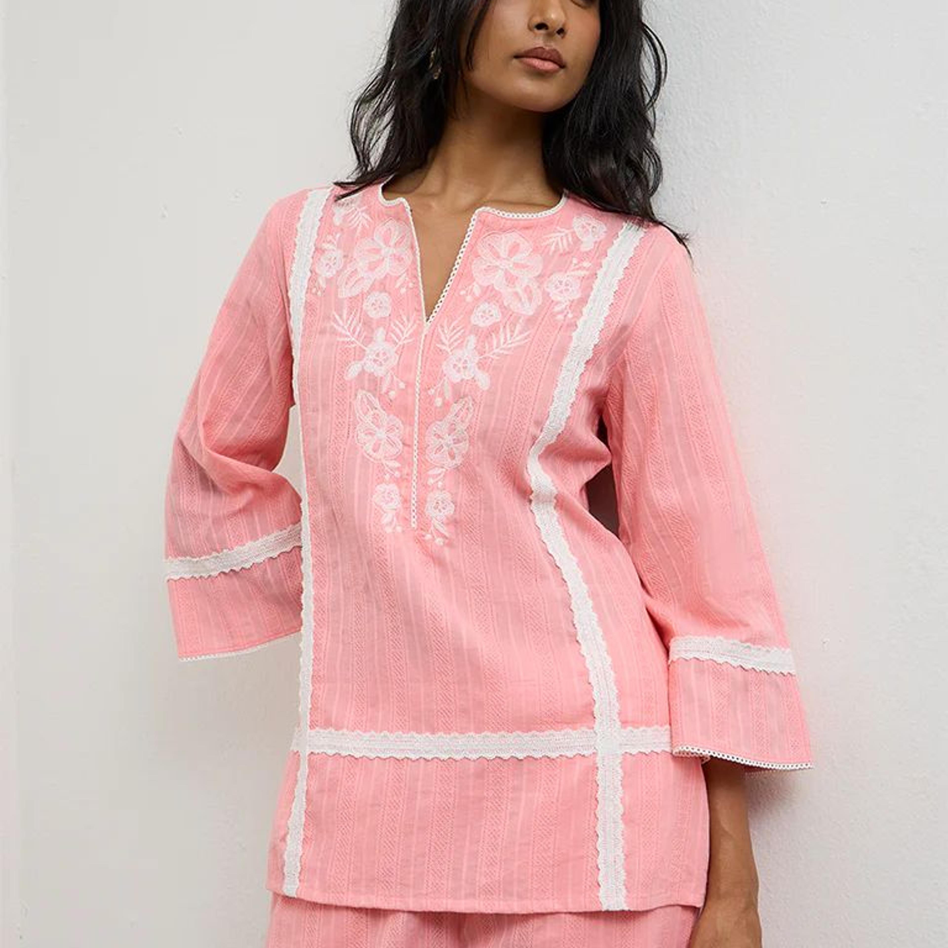 Utsa Pink Floral Embroidered Cotton Tunic