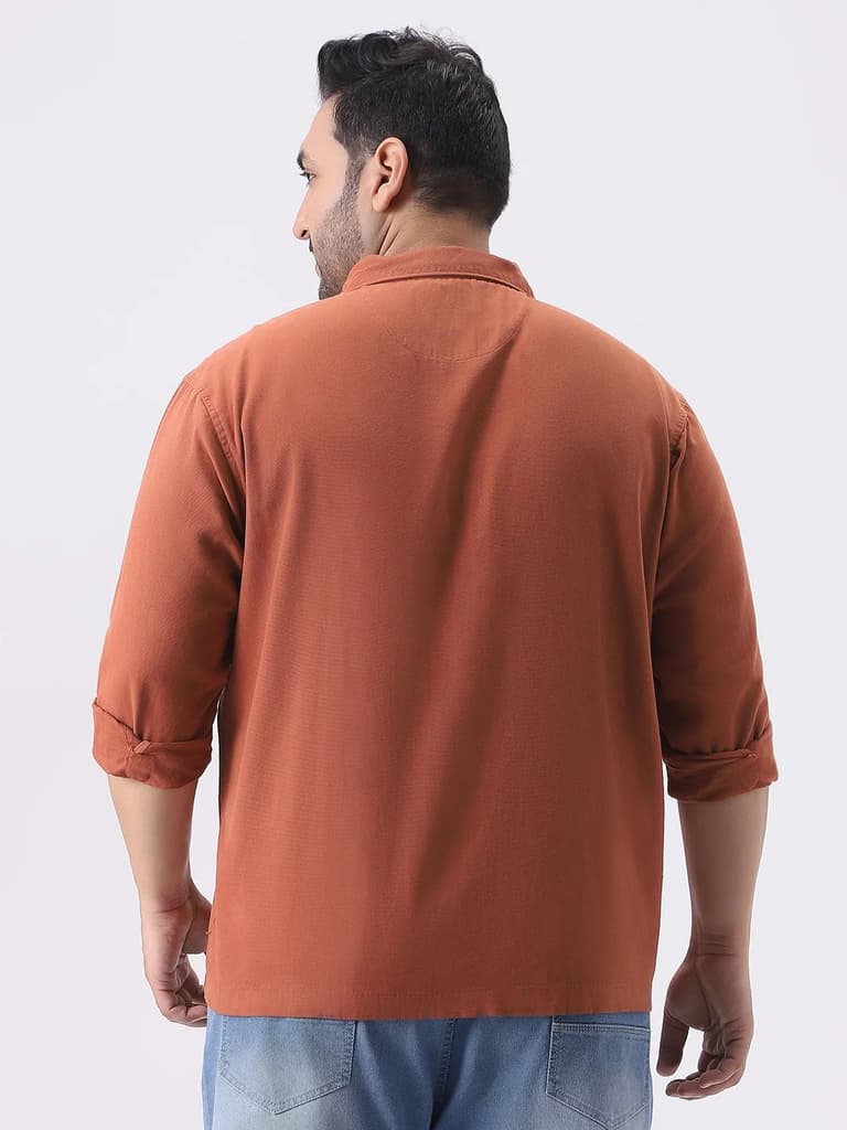 Plus Men's Rust Cotton Full Sleeve Relaxed Fit Shacket with Utility Pockets — photo 4