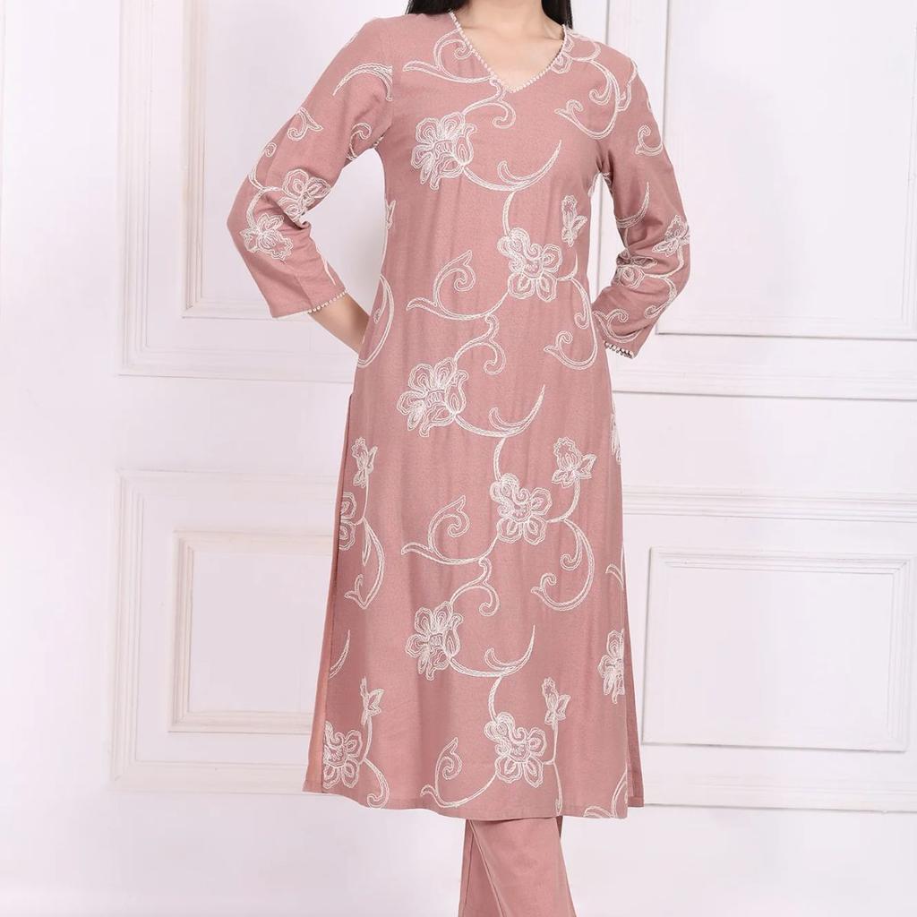 Pink Embroidered Straight Rayon Kurta with Straight Pant