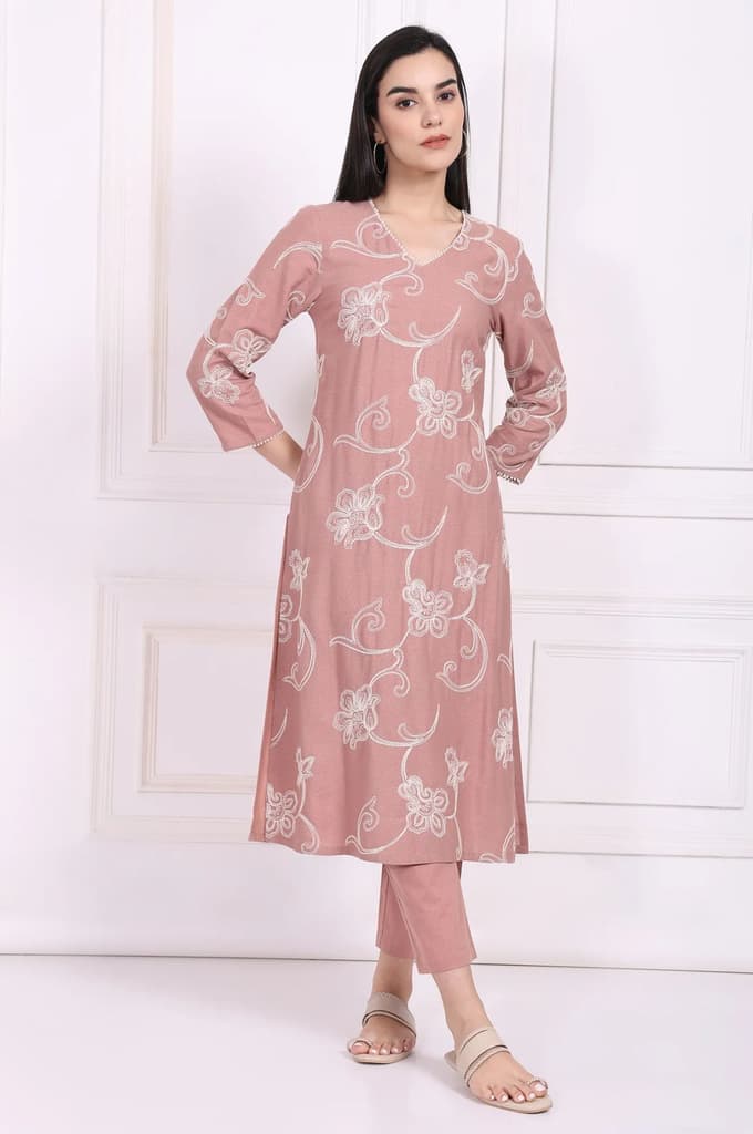Pink Embroidered Straight Rayon Kurta with Straight Pant — XS
