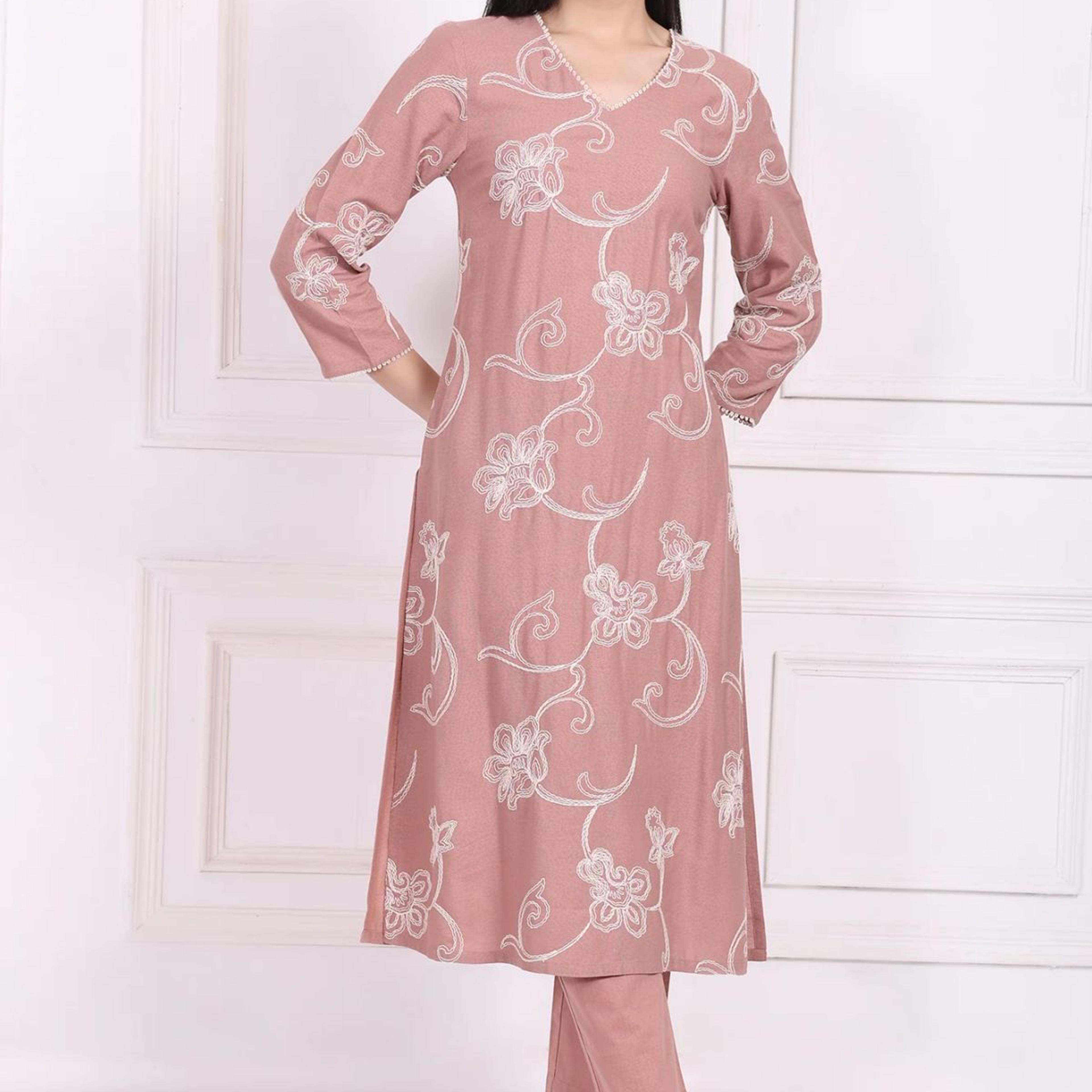 Pink Embroidered Straight Rayon Kurta with Straight Pant