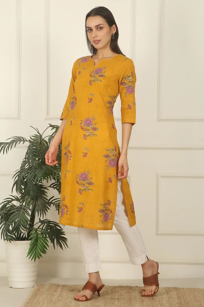 Mustard Yellow Swiss Dot Textured Cotton Straight Kurta — photo 5