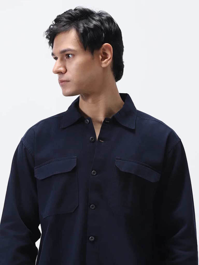 Men's Navy Cotton Full Sleeve Relaxed Fit Shacket with Utility Pockets — photo 5