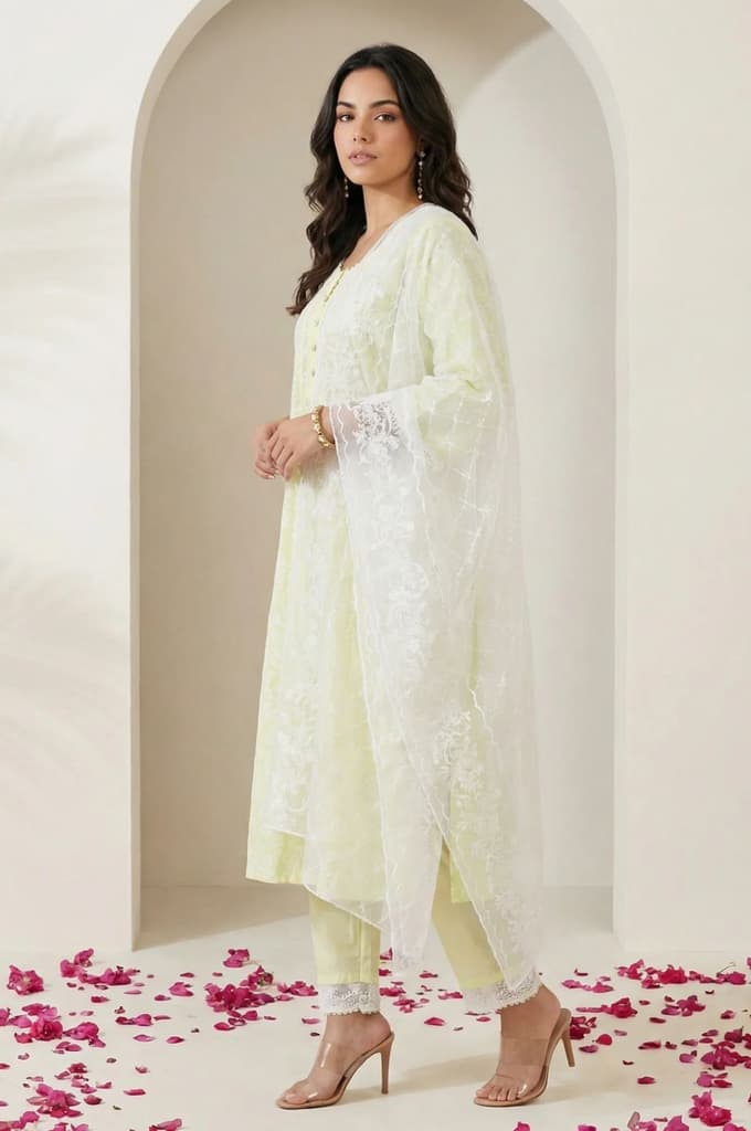 Yellow Floral Printed Lace Pure Cotton Straight Kurta with Straight Pants and Dupatta Set — photo 3